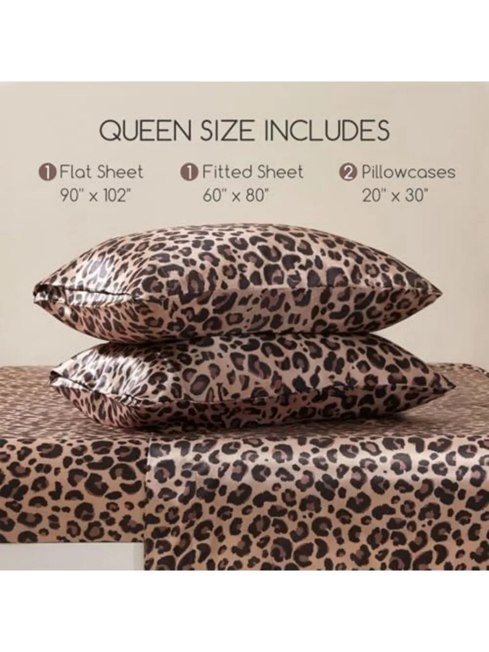Satin Queen Size Sheets with Elastic Corner Straps, Brown Leopard Print Design